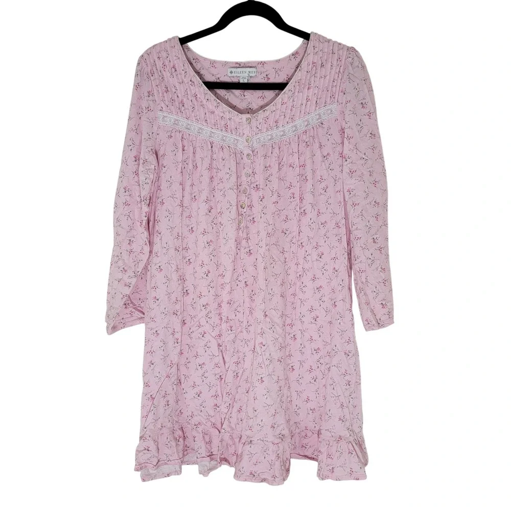 Eileen West Jersey Knit Long Sleeve Short Pink Floral Cotton Nightgown sz L EUC‎